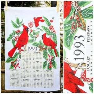 VTG 1993 Cardinals in Winterberry Bushes Calendar Tea Towel Birthday Anniversary